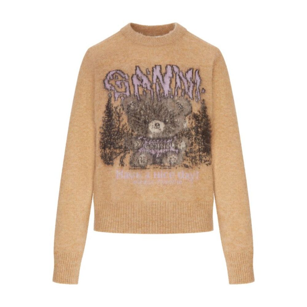 Ganni Women Crewneck Knit Sweater With Front Graphic Intarsia